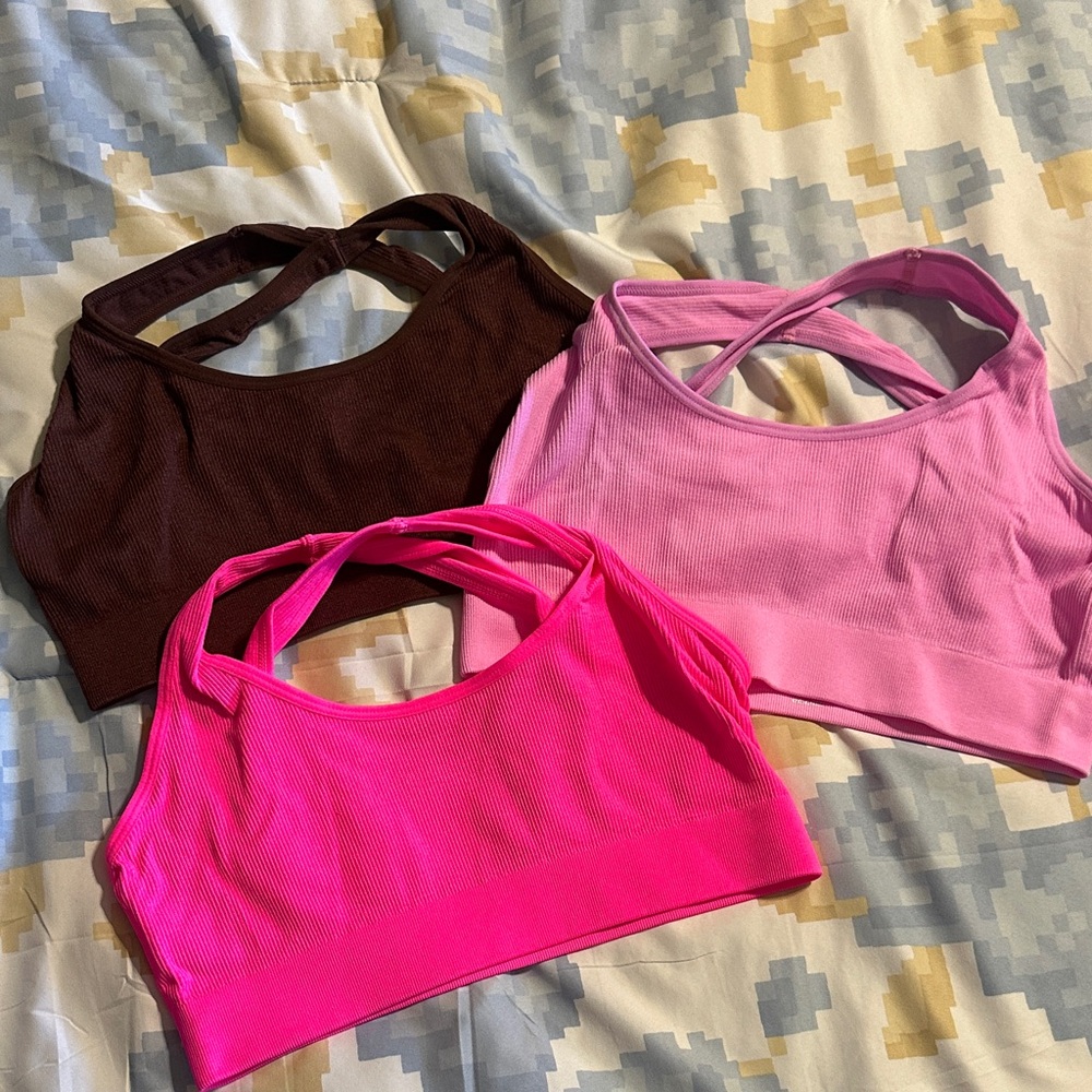 Set of Three Sports Bras in Brown, Pink, and Hot Pink